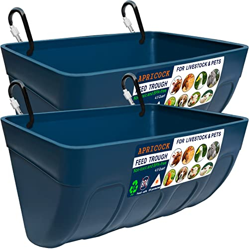 2 Pack Feed Trough and Waterer Bucket with Clips, for Goat Duck Sheeple Cat Dog Piglets Horse Chicken Deer Goose, Goat Feeder Supplies, 4.5 Quart(Appearance Patent Product) (Dark Green)