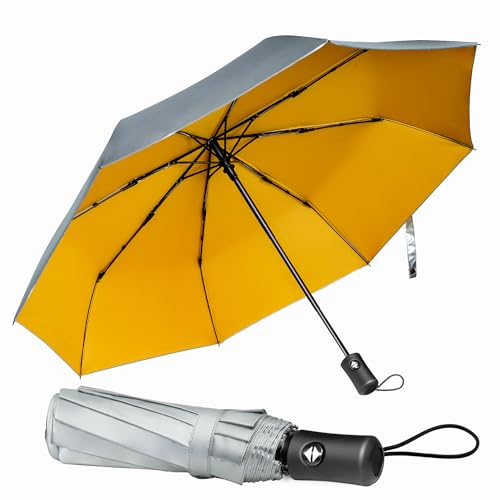 TechRise Paraguas, clásico a prueba de viento plegable automático compacto paraguas de viaje con un botón automático abierto y cierre (amarillo plateado)