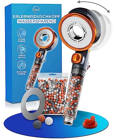 LOBENSWERK Duschkopf mit Filter [3 Modi - inkl. Booster] Duschkopf wassersparend mit Mineralperlen | Handbrause, Duschbrause, shower head für die Dusche inkl. Ersatzteile
