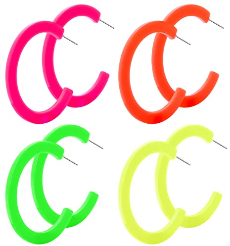 Mabor 4 Neon-Ohrringe, Retro-Design, baumelnde Ohrringe für Damen, leicht und bequem, perfekt für Kostümpartys und verleiht Ihrem Outfit einen Hauch von Neonfarbe (Ohrringe im Stil der 80er Jahre),