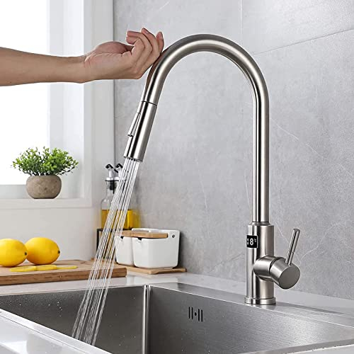 Touch Küchenarmatur mit Ausziehbarer Brause, Smart Sensor Küchenarmatur mit Temperaturanzeige, Mischbatterie Küche, Edelstahl Wasserhahn Küche, 360° Schwenkbar Spültischarmatur