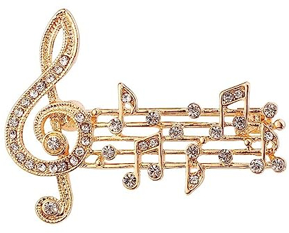 Broche bijou partition, notes de musique et clé de sol, acier doré.