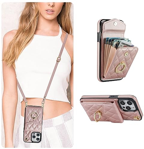 QLTYPRI Crossbody Wallet Case for iPhone 12 Pro Max, PU Leather Phone Case with RFID Blocking Card Slots Holder Ring Kickstand Wrist Strap Lanyard Handbag Purse Cover for iPhone 12 Pro Max-Rose Gold