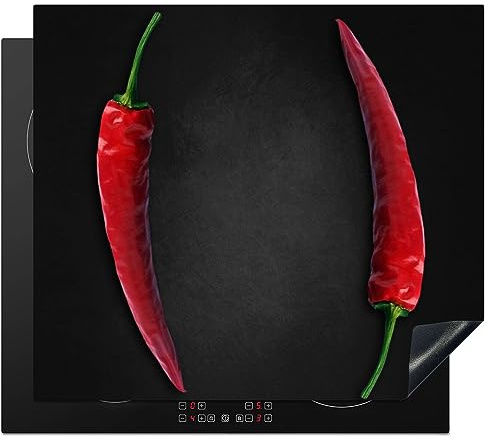 KitchenYeah© Herdabdeckplatte Einteilig Küche Herdabdeckung Induktionsfeld | 57x51 cm - Ceranfeld Herdabdeckplatten Vinyl Matte Aufrollbar Roter Pfeffer - Gewürze - Schwarz