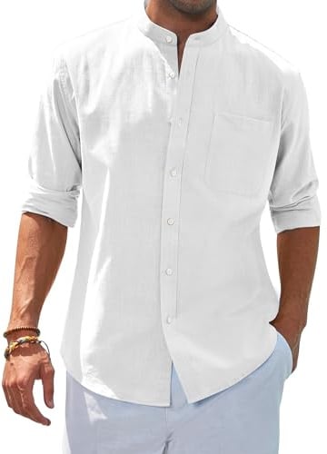 siliteelon Leinenhemd Langarm Stehkragen Herren Hemd Casual Sommer Businesshemd Regular Fit Freizeithemd Beach Leichte Shirt Weiß M