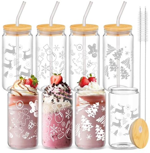 Maxcheck 8 Stück Weihnachts-Glasbecher mit Deckel und Strohhalmen, 473 ml, Dosenform, Trinkgläser, niedliches Gläser, Trink-Set, Glasbecher mit Strohhalm und Deckel, inklusive 2 Bürsten für Bier,