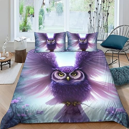 QLasic lila Eule Bettwäsche Set Teilig 3D Bettbezug -Set Mädchen Junge Kinder Mikrofaser Weiche Bettbezug Mit Reißverschluss Und Kissenbezüge Double(200x200cm)