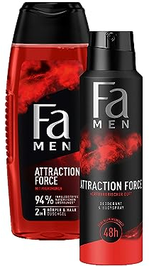 Fa Men 2in1 Körper & Haar Duschgel Attraction Force mit erfrischendem Duft von Bergamotte & Limette, 1x 250 ml & Fa Men Deodorant & Bodyspray Attraction Force,1x 150ml