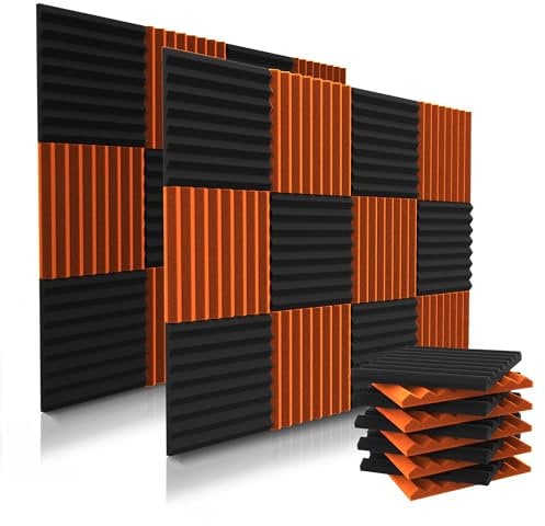 audiosoul 52 Pack Acoustic Panels 1 X 12 X 12 Inches - Acoustic Foam - Studio Foam Wedges - High Density Panels - Soundproof Wedges - Black/Orange