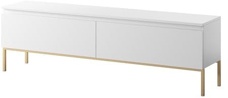 Selsey Meuble TV Armoire De Télévision 2 Portes 150 cm sur Pieds Doré Salle De Séjour Chambre À Coucher Blanc Bemmi