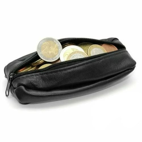 Monedero de Piel Auténtica con Doble Compartimento, Pequeña con Cremallera y Llavero, Ligero y Resistente para Hombre, Negro