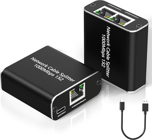 Yeemie Pro Switch Ethernet Splitter RJ45 1 a 2 Gigabit Network Splitter 1000Mbps para Cat 5/5e/6/7/8, Network LAN Switch 2 Ports con Câble USB para Computadoras, Conmutadores, ADSL, Televisores