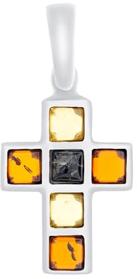 BEM Kreuz Anhänger aus 925 Silber mit Kirsch-, Cognac- und Zitronenbernstein