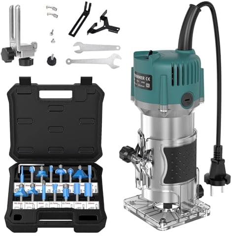 Router Elettrico Diametro 6,35 mm,Fresa Elettrica per Laminati 800 W Fresatrice per Bordi Professionale 30.000 Giri/Min,con set di Frese per Scanalature Nel Legno da 15 Pezzi