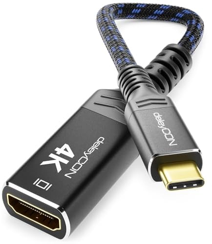 deleyCON 4K USB-C auf HDMI Adapter aus Aluminium (4K@60Hz Monitor/TV/Beamer) Thunderbolt 3/4, für iPhone 16, 15 Pro Max, MacBook, iPad Pro/Air, Samsung Galaxy S25 S24 S23, Notebook, Tablet