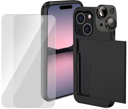 tinshow for iPhone 15 Case with Card Holder & 2 Screen Protector 9H & 1 Camera Lens Protector Wallet Case Cover Full Body Heavy Duty Protective Armor Shockproof Anti-Fingerprint Dual Layer 6.1 Black