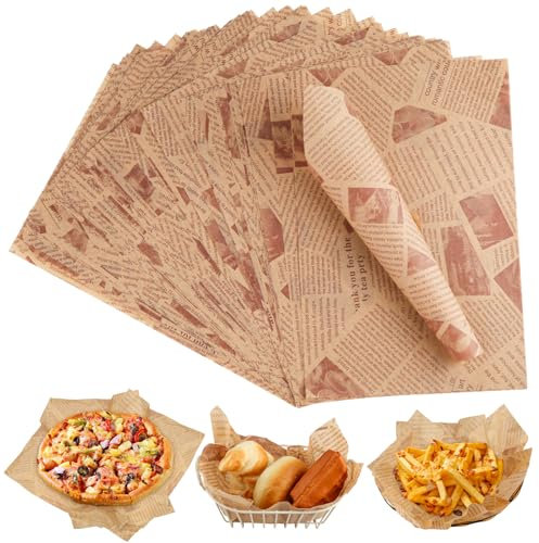 200 Fogli di Carta Alimentare, Carta per Formaggi Resistente All'olio, Carta da Forno Effetto Giornale da 30 * 20cm, Carta da Forno per Panini, Formaggio e Patatine