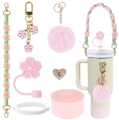 LACGO Stanley Cup Accessories Set of 7PCS Including Silicone Boot, Boho Woven Handle Strap, Straw Cover Cap, Stanley Charms for Stanley Cup 30/40oz Tumbler(Light Pink)