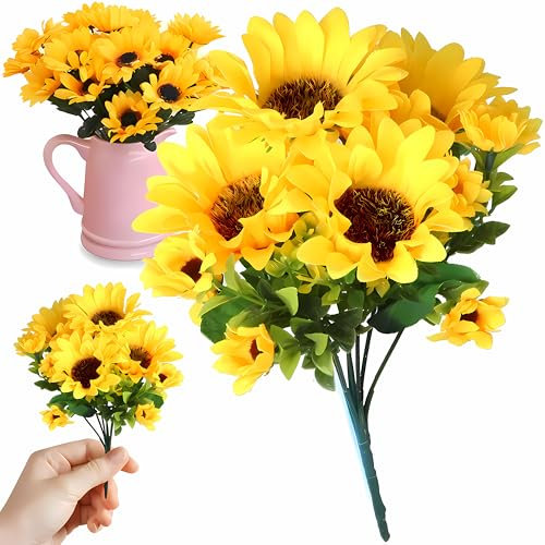 Retoo künstlicher Sonnenblumen, realistische Blumenstrauß mit langem Stiel, Dekoration für Tisch, Hochzeitsfeier, Geburtstag, ideal für Zuhause, Büro, Wohnung, als Dekoblumen, viele Stücke