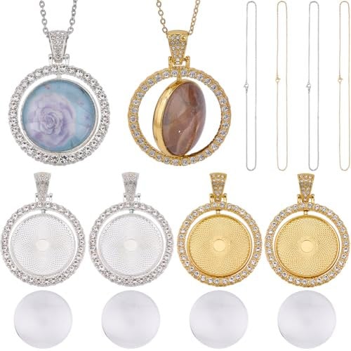 SOFPLATE 1 Box 24Pcs Rhinestone Trays Pendant 25mm Bezel Pendant Trays with Glass Cabochons Stainless Steel Chains Double Sided Blank Rotatable Tray Pendant for Jewellery Making Supplies DIY Necklace