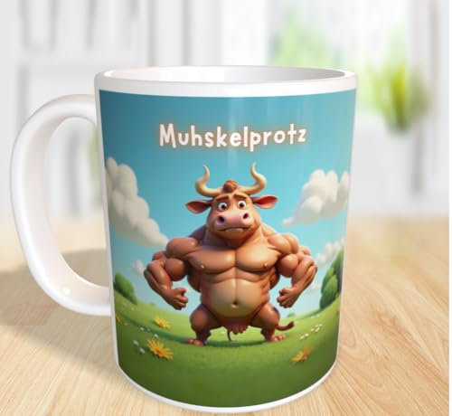 Wunderschöner Tassendruck Muhskelpaket auf der Blumenwiese Personalisierbar Tasse Kaffeetasse Becher Druck Mug Geschenk Kuh Natur witzig lustig Bodybuilder Spruch Muskeln Fit Fitness Geburtstag Pose