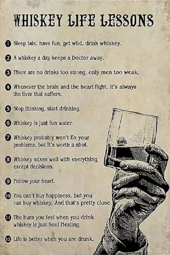 Whiskey rules wall art whiskey life lessons metal tin sign poster wall decor club bar office room decor 8x12 inches