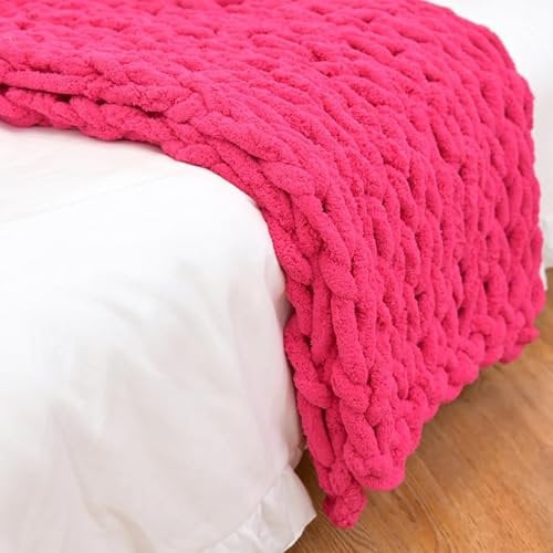 Wttfc Plaid Couverture Polaire Grosse Maille Chunky, Couverture Tricoté à la Main, Douce et Chaleur, Couverture Chenille pour Canapé et lit, Couverture au Crochet,Rose Red,50x50cm