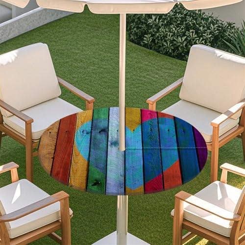 Odot Elastische Tischdecke Runde Outdoor mit Loch und Reißverschluss Holzmaserung Wasserdicht Abwaschbar Tischtuch Tischdecke Outdoor Wetterfest Gartentischdecke für Party Café (Bunt,L:114-137cm)