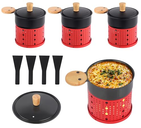ipow 4er Set Mini Raclette Grill, Racletteofen Set antihaftbeschicht Kerzenraclette für Teelichter, Mini Raclettes, Teelicht-Raclette mit 4 Schaufeln und Deckel, Rot