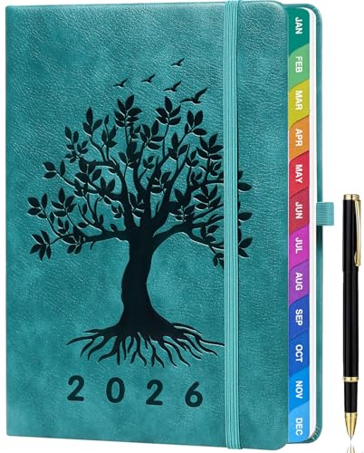 Kalender 2026 A5 – Wochenplaner & Terminplaner Vertikale Version, mit Monatsübersicht, Januar bis Dezember 2026, mit bunten Monatsregistern, Innentasche & Stift - Türkis