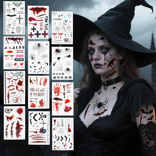 12 Blatt Halloween Tattoos Gesicht Halloween Kostüm Damen Herren Gesichtstattoo Narben Wunden Fledermaus Gesicht Aufkleber Temporäre Tattoos Accessoires für Vampir Zombie Teufel Hexe Cosplay