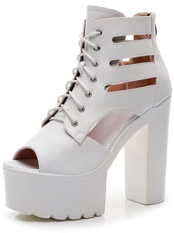 TNMIUH Stivaletti Platform con Lacci Donna, Peep Toe, Tacco Alto 14 cm, Estate Stivali Stringati Alti con Tacco Alto, Elegante Sexy, Bianco e Nero,Bianca,40 EU