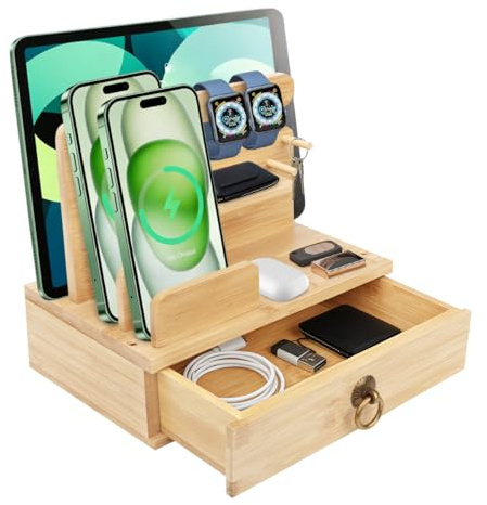 Gocokia Bedside Bamboo Box Organizer for Brother Partner Husband Men, Bed Organizer Presents for Him Man Boyfriend Dad Daddy, Phone and Watch Docking Station
