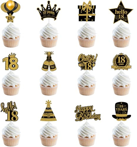 Belegao Cake Toppers 18th Birthday 24 Picks 12 Designs Cupcake Toppers | Fancy Black and Gold Design, Birthday Cake Decorations, Hello 18th, for Eighteen Adult Party Cakes, Cupcakes and Muffins