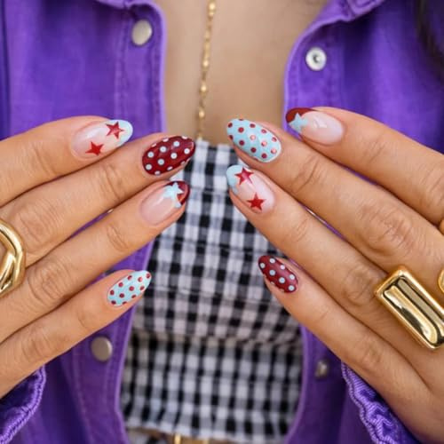 False Nails - Almond Shape Artificial Nails with Polka Dot Accent Star Design and Glossy Finish for Women, Short, Red and Blue Patterns for Daily Wear and Special Occasions