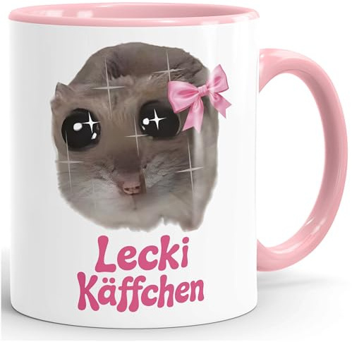MoonWorks® Tasse mit Spruch Lecki Käffchen Sad Hamster Meme - Geschenkidee Kaffeeliebhaber Bürotasse lustige Kaffeebecher - Keramik Weiss-innen-rosa standard