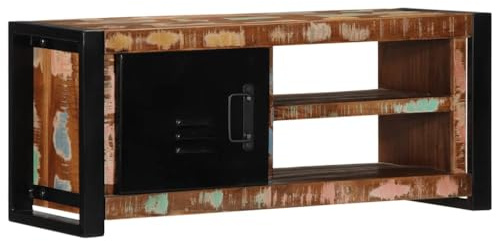 QINXIXINAIXI TV-Schrank 80x30x35 cm aus Massivholz Altholz mit Metallgriffen und Eisengestell, robuster Fernsehschrank mit viel Stauraum für Multimedia-Geräte, Bücher und Deko,