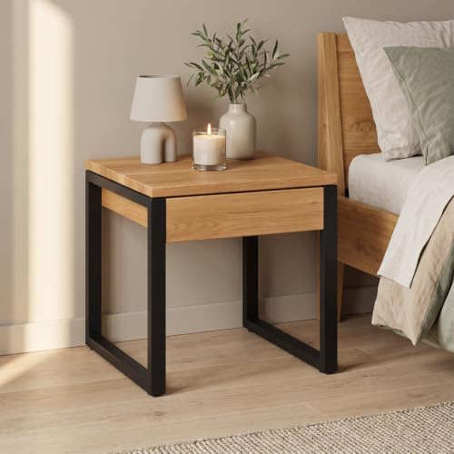 skølm Alver Nachttisch 40x40 cm, aus Eichenholz, mit Schublade, Natur geölt | mit U-förmigen Tischbeinen aus Metall, kleiner Beistelltisch aus Holz, mit Stauraum, stabiler bedside table, für Schlafzimmer