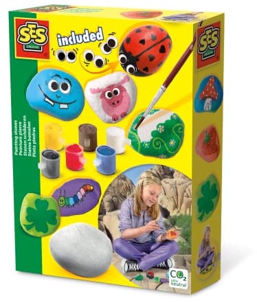 SES Creative 14818 – Steine Bemalen Set, Inklusive Farben und Pinsel, Kreativität für Kinder