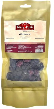 Terra-PURA Hunde & Katzenfutter Wildsalami in Scheiben 100g – Premium Hundefutter aus reinem Wildfleisch, leicht gesalzen & schonend luftgetrocknet – Trockenfutter für Hunde & Katzen
