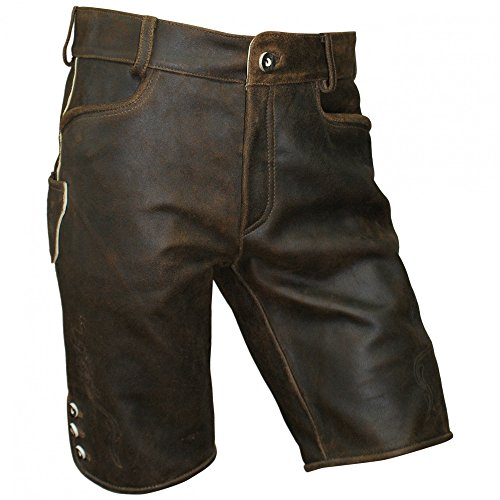 Lederhose kurz braun speckig Antik-Patina Trachten Leder Hose Trachtenlederhose Reißverschluß Zipp Hornknöpfe weiches Wildbockleder Herren (auch Damen) Freizeit und Wandern, Größe:54
