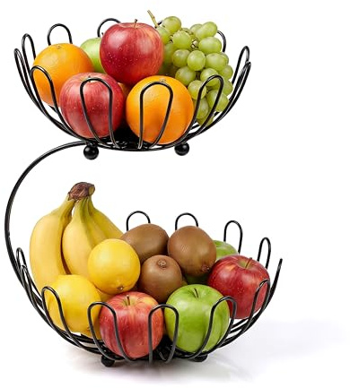 2 Tier Fruit Storage Basket Countertop Kitchen Rack – Metal Vegetable Bread Bowl Stand, Space Saving Fruit Holder Organiser for Kitchen Counter