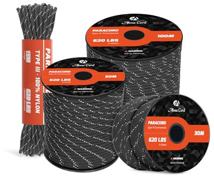 Abma Cord Paracord 4mm 9 Fili 50m Corda Paracord Nylon Corda da Paracadute Tipo 3 620lbs - Max. 280 kg - Riflettente Nero