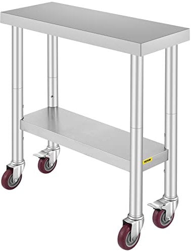 VEVOR Tavolo di Lavoro Cucina Commerciale con Ruote 76x30x86cm in Acciaio Inox Hotel Ristorante Bar Osteria, Tavolo 2 Ripiani per Lavoro in Cucina 4 Ruote da Spostare in Acciaio Inox, Tavolo di Lavoro