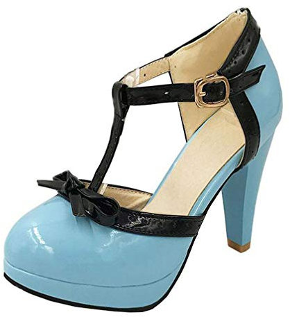 MISSUIT Damen Blockabsatz High Heels Plateau Pumps Lack Riemchen T-Strap Pumps Schuhe