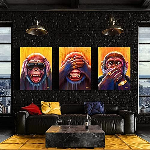 Peinture sur Toile Animale drôle Trois singes de la Sagesse avec des Lunettes de Soleil Affiche Abstraite et Impressions murales pour décor de Salon 50x70cmx3 sans Cadre
