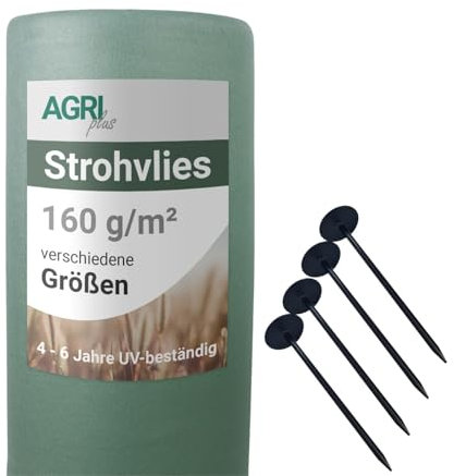 AGRI plus Strohvlies 9,8 x 25 m - mit 24 Kunststoffnägeln I 160 g/m² Schutzvlies aus Polypropylen I Reißfestes Heuvlies für langfristigen Schutz I Abdeckvlies wetterfest & UV-beständig