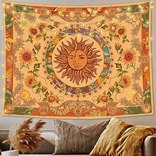 Accnicc Yellow Sun and Moon Tapestry Vintage Indie Boho Tapestry Wall Hanging with Sunflowers Butterfly Moth Constellation Aesthetic Wall Tapestries for Bedroom Dorm Living Room (Orange, 48'' × 36'')