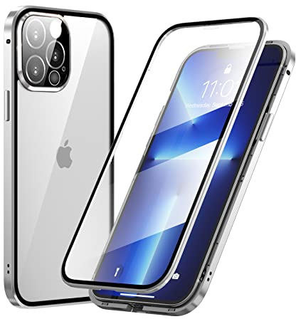 MIMGOAL Funda Magnética de Doble Cara para iPhone 13 Pro, Carcasa Protección de 360 ​​Grados [Cristal Templado Case] con Protector de Pantalla Incorporado y Protector de Lentes de Cámara Plata