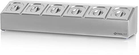 Mahlzeit Edelstahl Zutatenbehälter | 6 x 1/6 GN Catering Behälter mit Gummifüßen | 102,5 x 24,5 x 21,5 cm | Cocktail Zutatenbehälter Bar für Gastro, Küche, Pizza Station, Buffet Zubehör, Salatbar